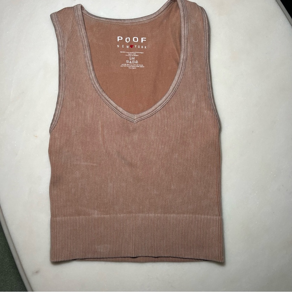 Poof Women's Washed Pink Taupe Ribbed Tank Top S/M V Neck